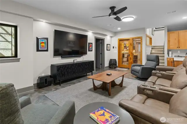 Basement media area with wine cellar and added storage