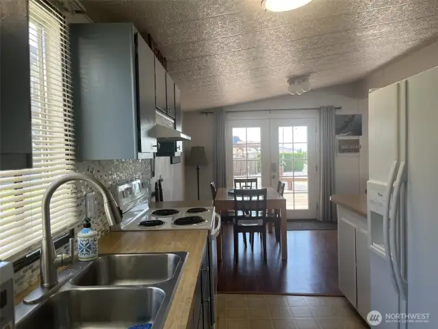 View of the kitchen to the French doors.