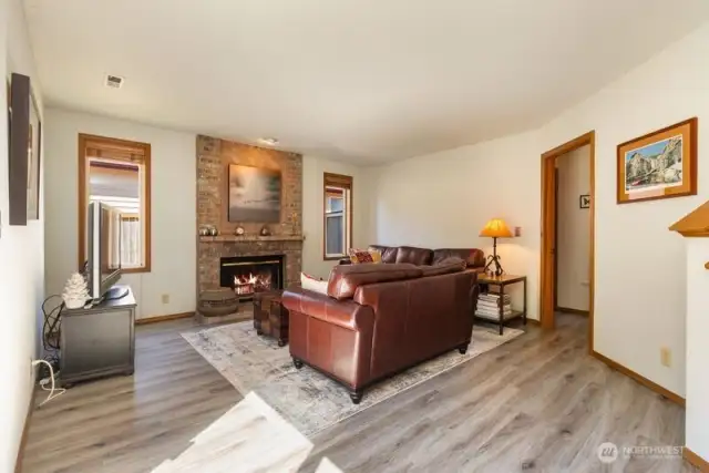 Lower level of the tri-level  features a family room with gas firpeace.