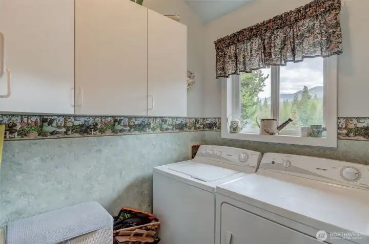 Laundry area includes ample storage, a door to the back deck, and a view overlooking the river!