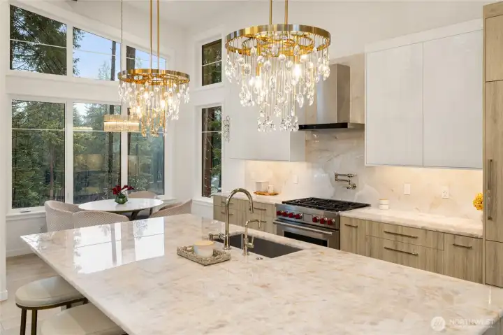 Exceptional quartzite countertops throughout the home.