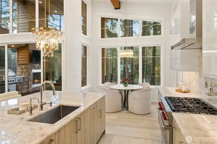 Island sink with garbage disposal and Insta-Hot water faucet complete with pot-filler over the range.