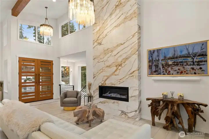 Cozy up to the fire and watch your favorite series or art on the Samsung Frame TV with Sonos soundbar.