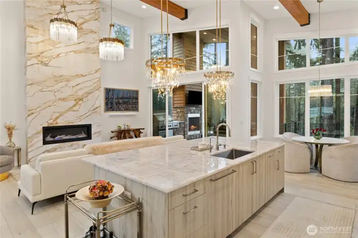 Soaring ceiling and windows allow for abundant light.