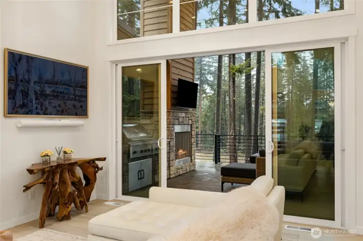 Enjoy the view of tall trees inside or outside.
