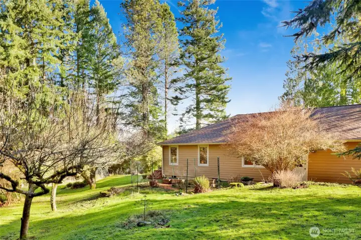Back yard view of the fenced in garden area for flowers and vegetables. Fruit and flowering plants and trees are staring to bud for spring!