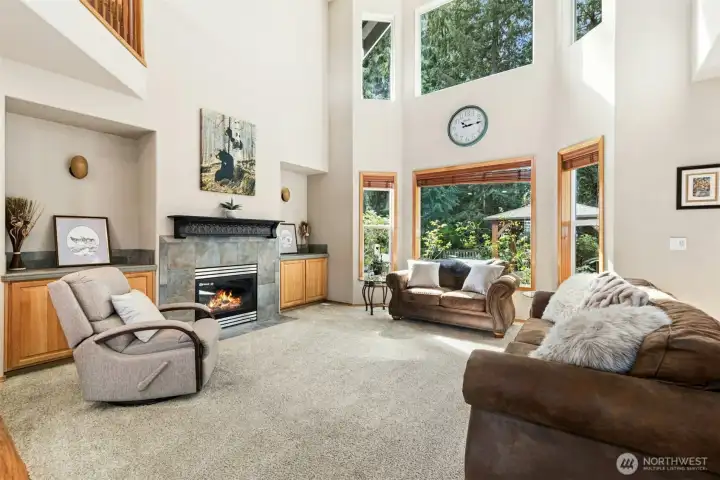 The family room has bright big windows,  tall ceilings, built-in's and a great gas fireplace.