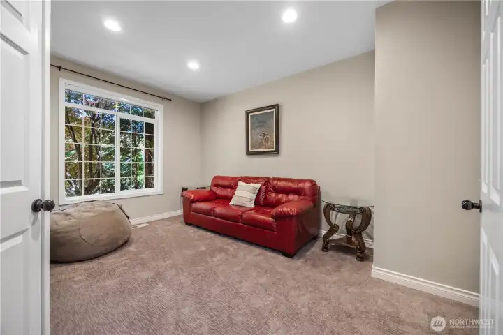 Flexible office or main-level bedroom with new carpet, closet space, and ideal setup for remote work or guest accommodations.