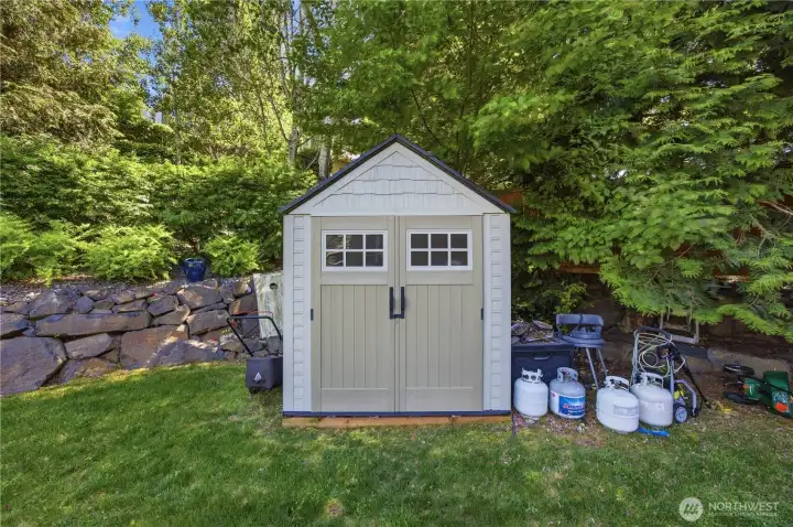 Functional backyard garden shed providing extra storage space for tools, equipment, and seasonal items.