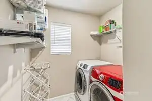Another efficient room. Lost of shelving for storage and room for drying racks!