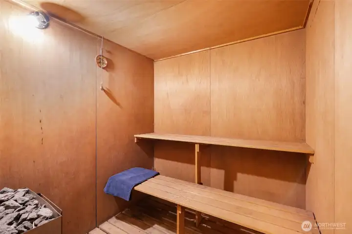 Sauna located off lower-level bonus space.