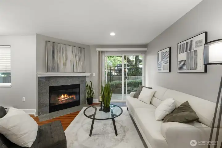 Cozy living room with natural wood fireplace
