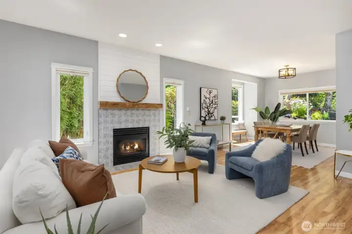 The propane fireplace surround was recently redone and anchors the living space. The propane fireplace surround was recently redone and anchors the living space.