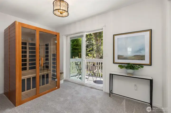 The primary suite includes an infrared sauna and a private balcony overlooking the back yard. The primary suite includes an infrared sauna and a private balcony overlooking the back yard.
