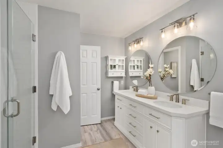 The primary suite bathroom. The primary suite bathroom.