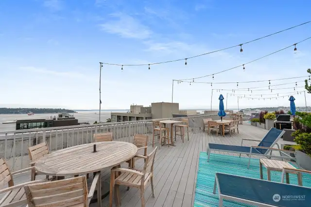 Parc Condominiums features a fabulous Roof-Top Deck with sweeping Views of the surrounding City, Mountains, Puget Sound, and straight across the Water to Alki.