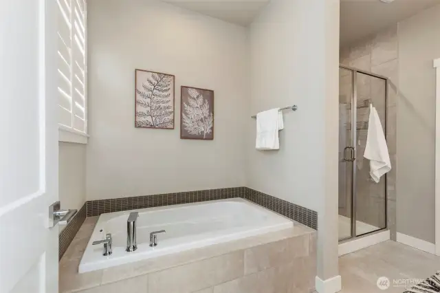 Primary bath with soaking tub, separate shower and private water closet.