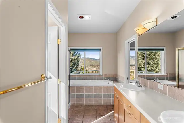 Primary Bathroom from large walk-in closet with door