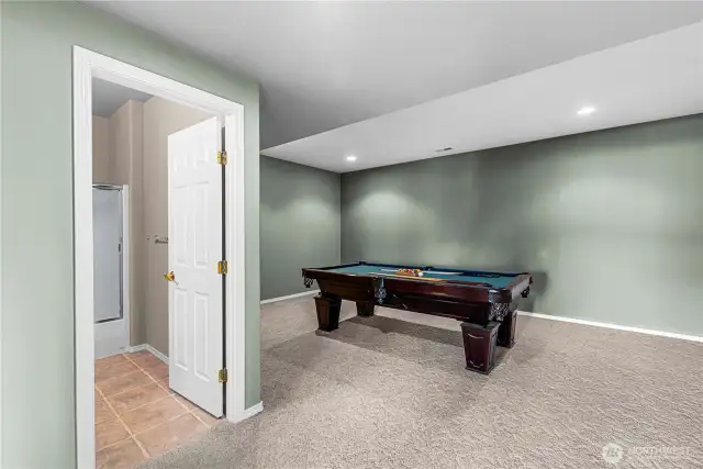 Pool table room / media room next to full bathroom and closet lower level