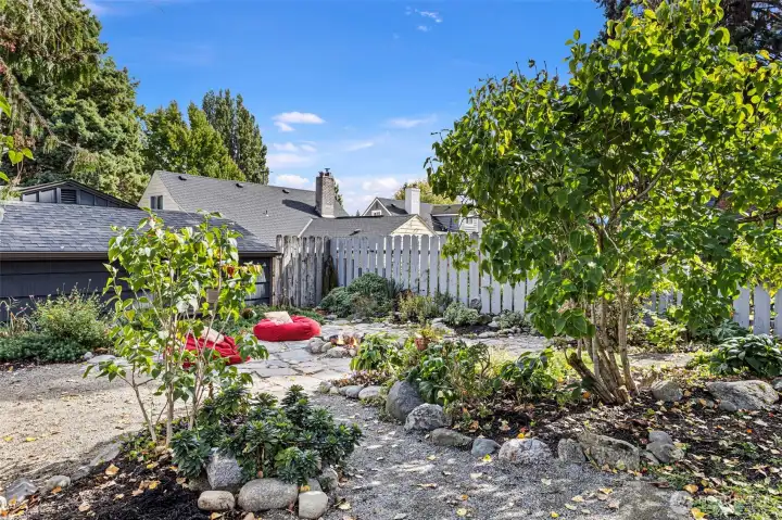 Back yard with fire pit & gathering space