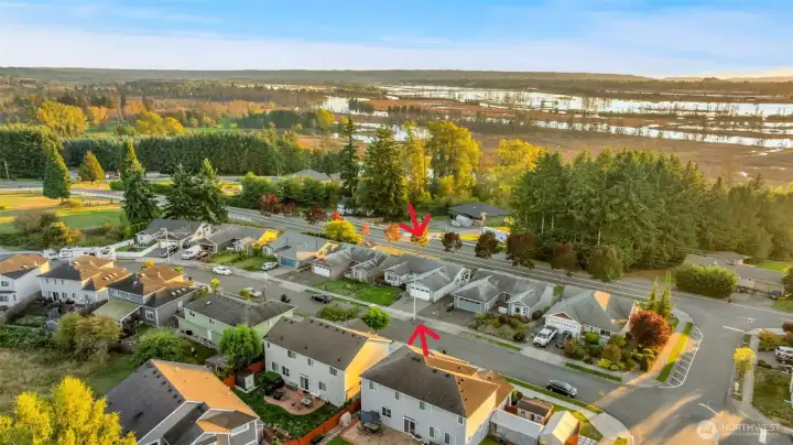 Aeriel view of home in the cul-de-sac, you can see the view from the primary bedroom
