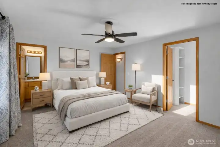 Virtually staged primary bedroom
