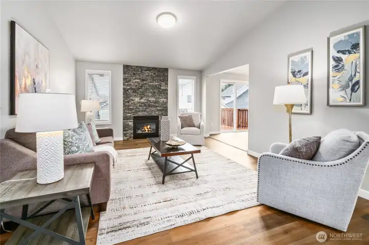 Living Room with Stone Gas Fireplace