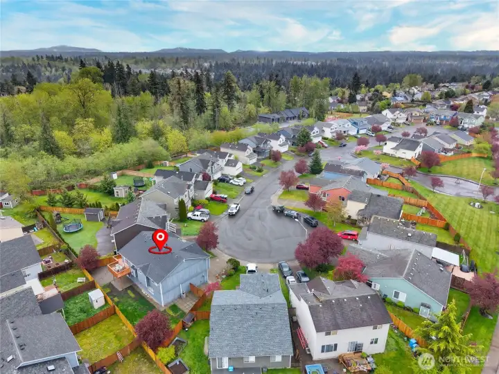 Aerial of Home in Private Cul-de-Sac with Views!