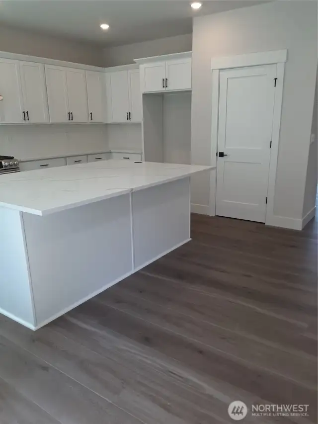 Expansive kitchen island with convenient panty storage, which is directly across from an additional family room area.