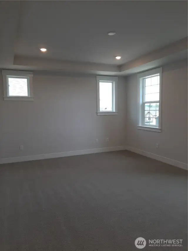 Tray ceiling highlights the relaxing primary bedroom