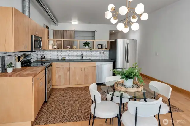 Cork flooring inlay upgrades the space, adding warmth and character.
