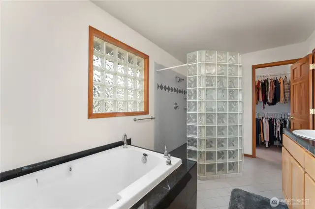 Primary bathroom with large walk-in shower and walk-in closet.