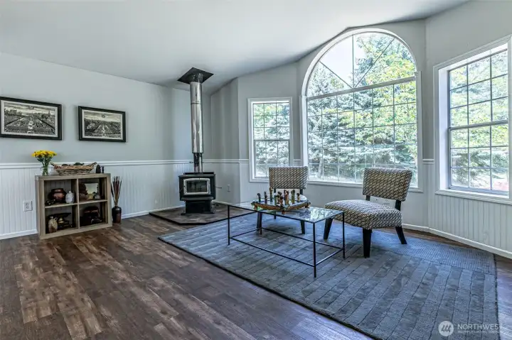 Wood stove in living room.