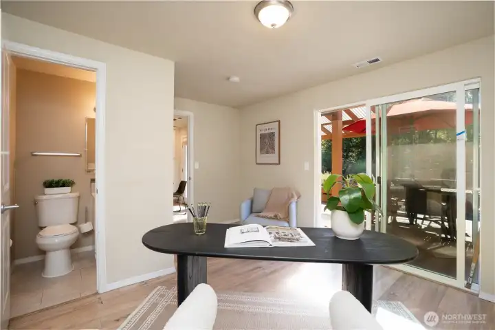 Access to the second bathroom, and the garage through this room.