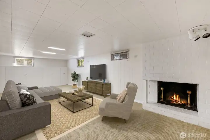 Rec room in basement with wood burning fireplace