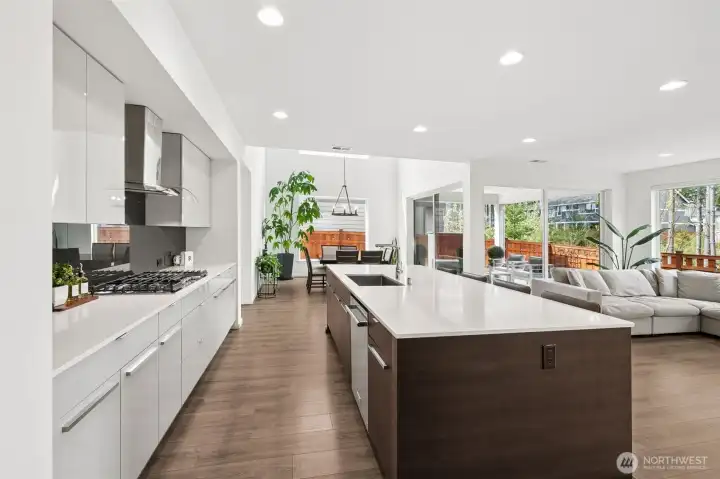 View of the dining and great room from kitchen