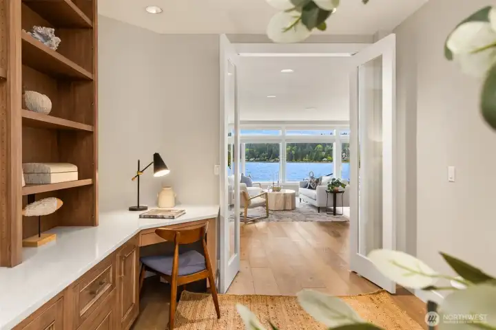 The perfect home office. with custom bookcases and of course a wonderful view!