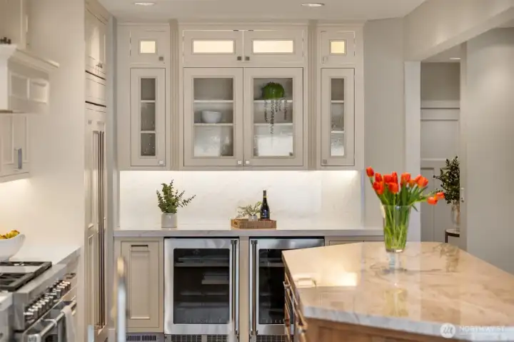 Multiple beverage refrigerators.
