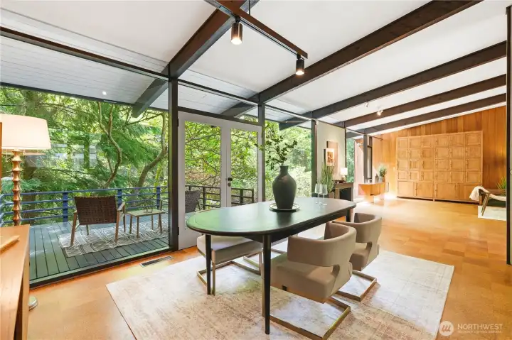 An alternate view of the dining area and the deck.