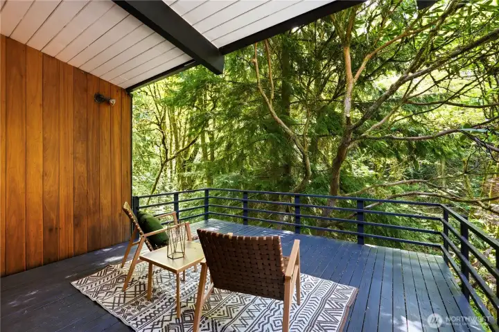 The partially covered deck offers peaceful, treetop views of the forest and creek below.