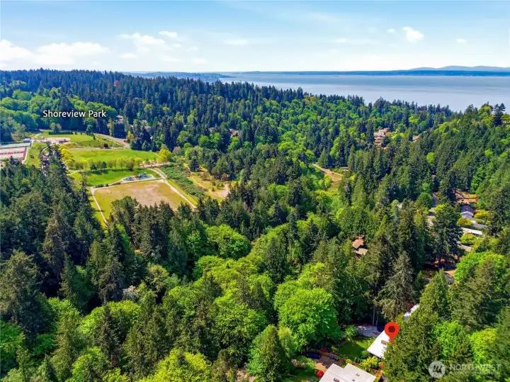 The property sits adjacent to an 88-acre park system encompassing Shoreview and Boeing Creek parks.