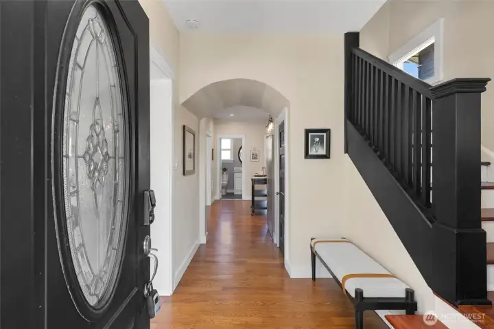 Beautiful entry with hardwood floors on main level and fir floors upper.