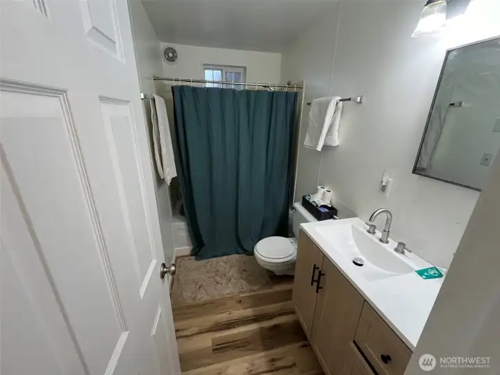 Bathroom in the back house also has new vinyl plank flooring.