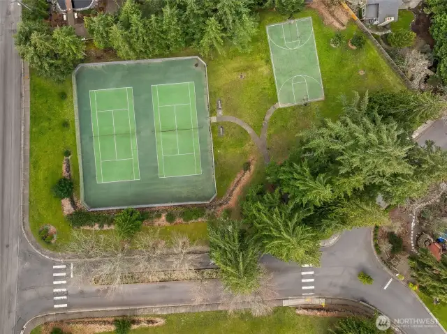 Amenities include a sport court, tennis courts and a playground!