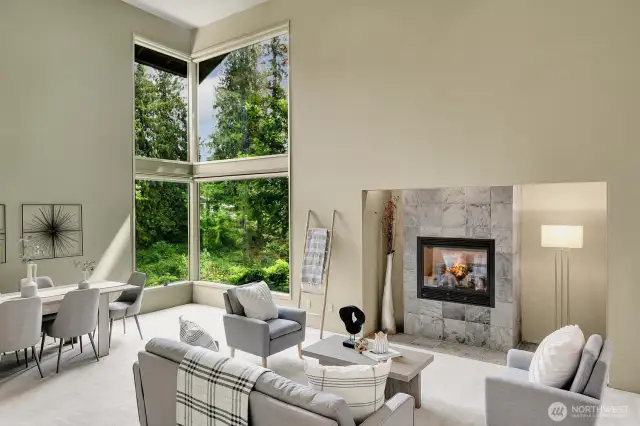 Dramatic ceiling height and massive windows provide a private outlook to Allen Creek.