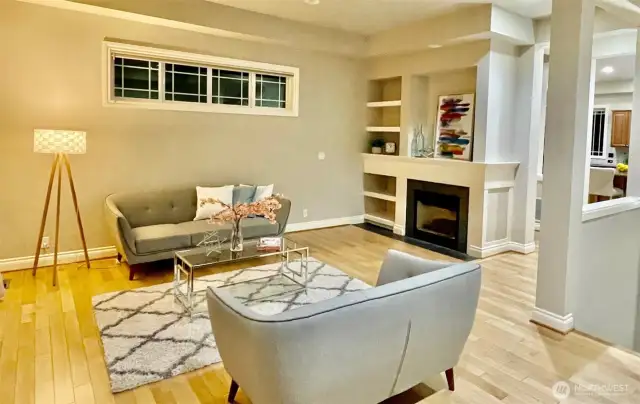 Large open living room with gas fireplace