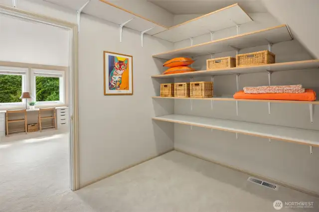 Huge storage closet in bonus room with shelving. This is a sweet surprise as you can stash away all of your seasonal decor in here when not in use, or store extra bedding, etc.