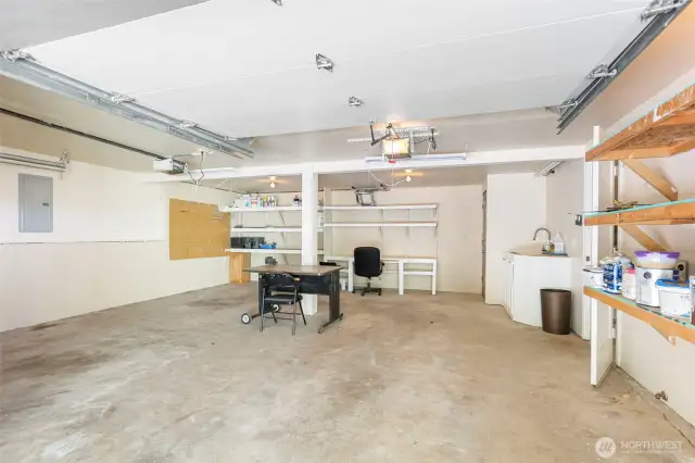Garage with shelving.