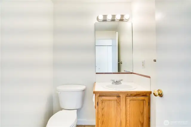 The half bath on the main floor is perfectly situated in the hallway between the entry and the family room. If you look closely in the mirror, you can see the storage/coat closet adjacent to the bathroom! Storage can never be understated in a home!