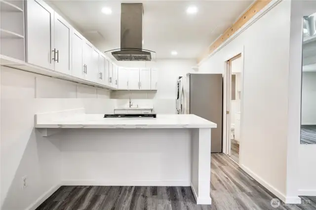 Oh, yes, there's a full kitchen too! Quartz countertops, an electric stove, refrigerator, dishwasher and washer/dryer too. Next to the fridge is a three-quarter bath!